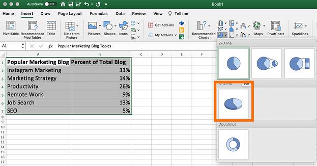 The 3-D option for pie charts in excel to create a 3-dimensional version.